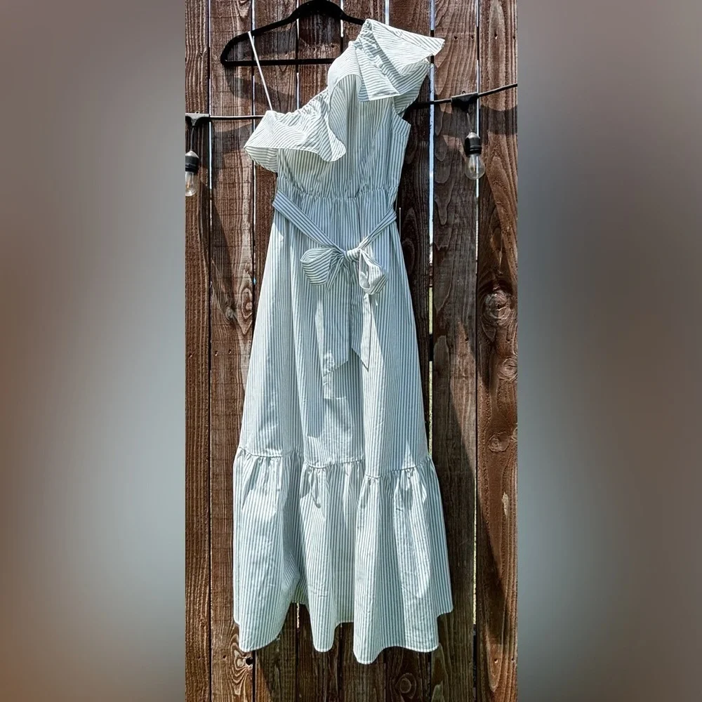 NWT Express Blue and White Ruffled Tiered, One shoulder, Maxi Dress Fully lined
